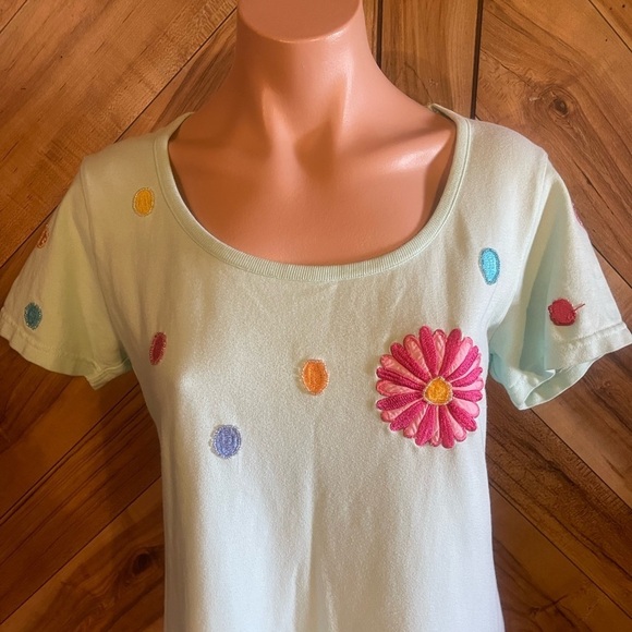 Vintage 90s Michael Simon Lite Medium Beaded T-Shirt Dress Turquoise Floral Midi - Picture 4 of 12